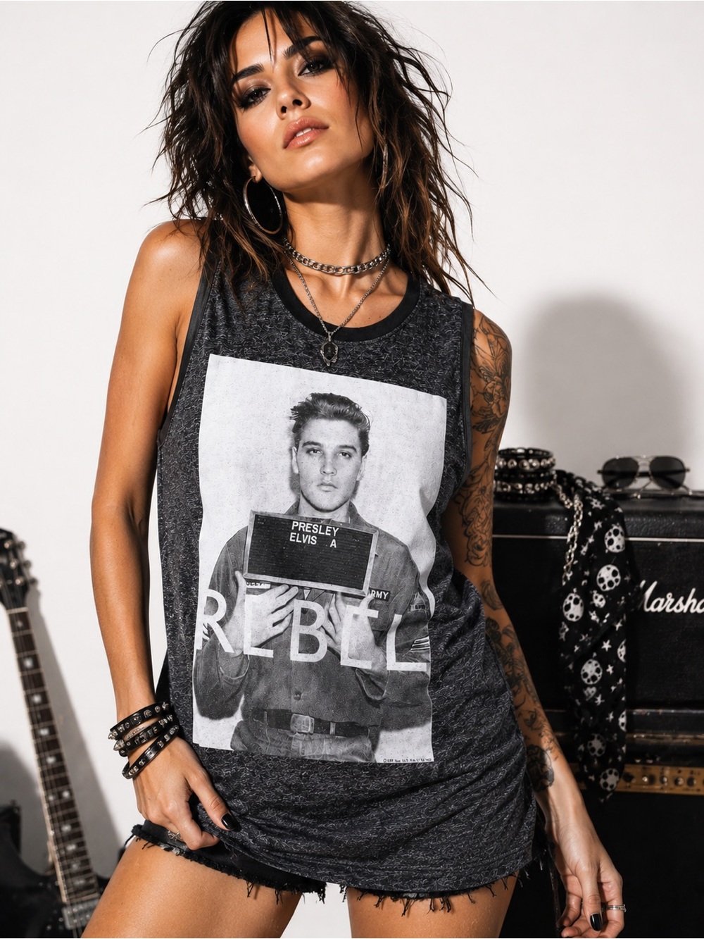 Rebel Elvis Graphic Muscle Tank - Black Heather